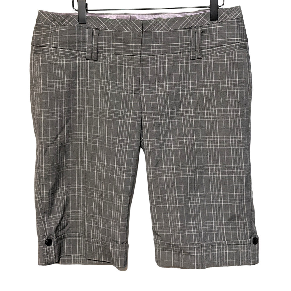 Stooshy Womens Plaid Bermuda Dress Shorts Size 11 Gray Cuffed Juniors Polyester